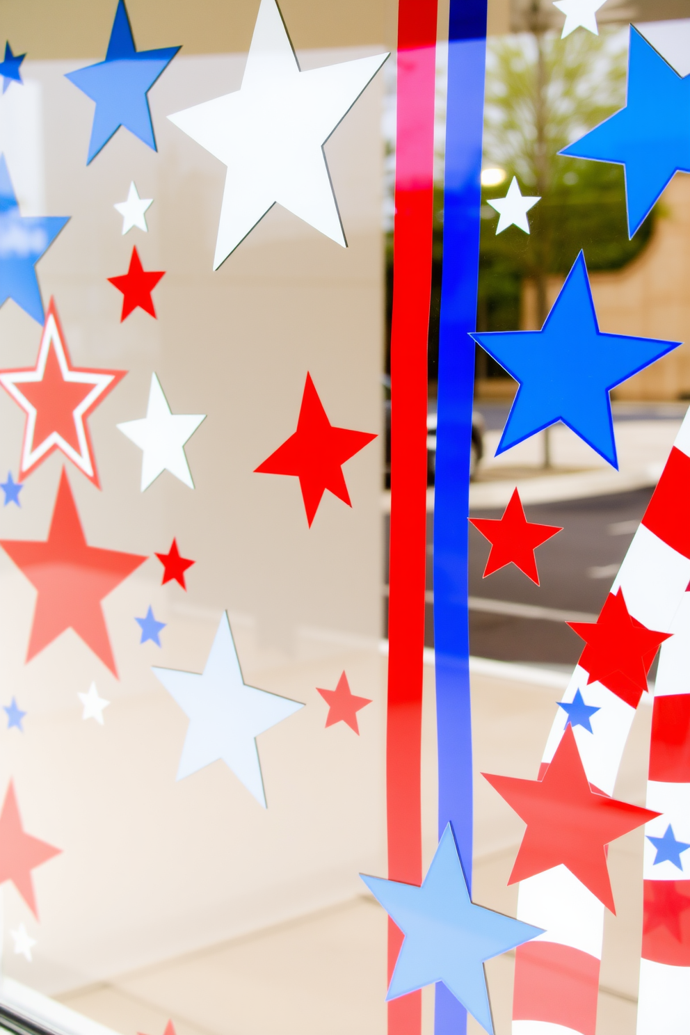 A festive window display featuring star and stripe window clings in vibrant red, white, and blue colors. The clings are arranged artistically to create a patriotic theme, celebrating Independence Day with a cheerful and inviting atmosphere.