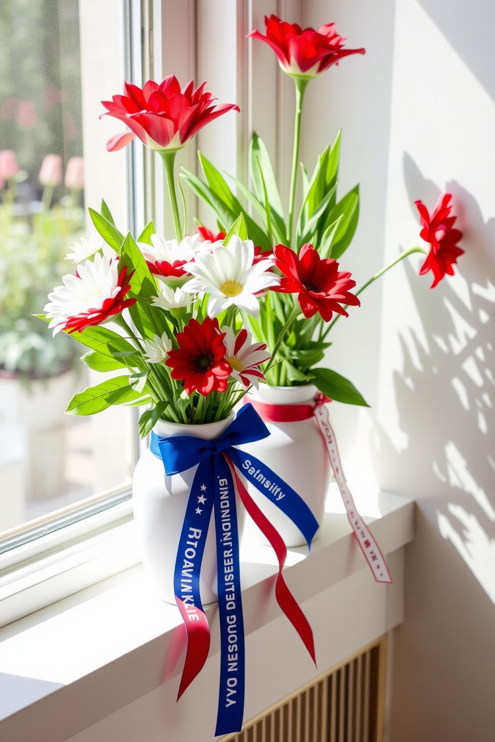 Decorative vases filled with vibrant flowers in red white and blue hues are placed on a windowsill. The vases are adorned with festive ribbons that celebrate Independence Day, creating a cheerful and patriotic atmosphere.