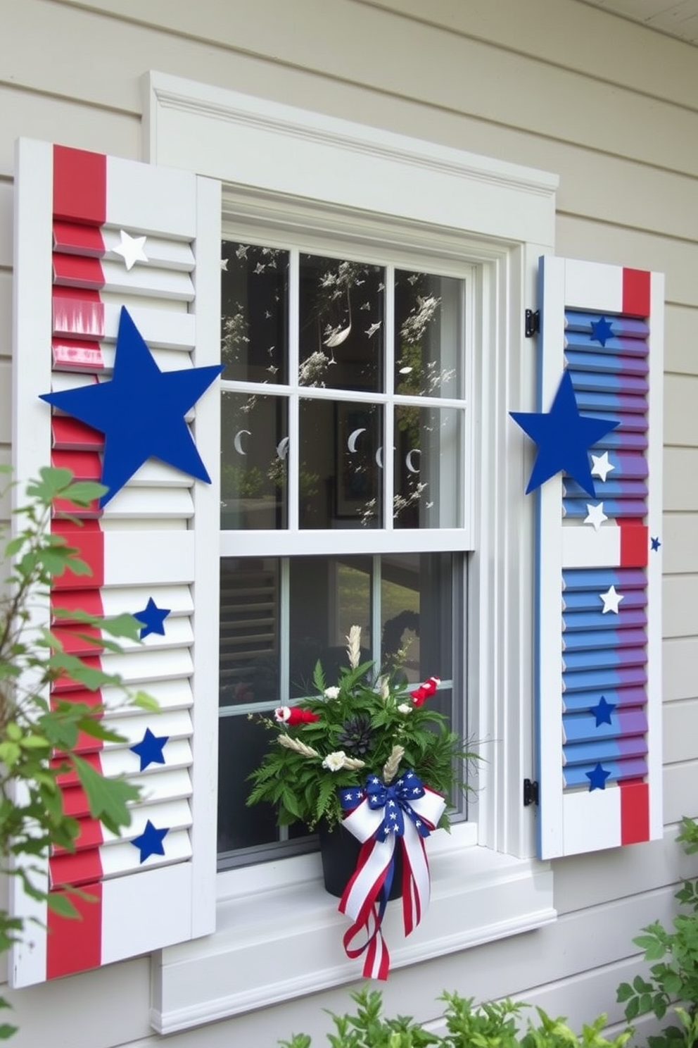 Custom painted window shutters in vibrant red, white, and blue hues create a festive atmosphere for Independence Day celebrations. The shutters are adorned with star patterns, enhancing the patriotic theme and adding a charming touch to the exterior of the home.