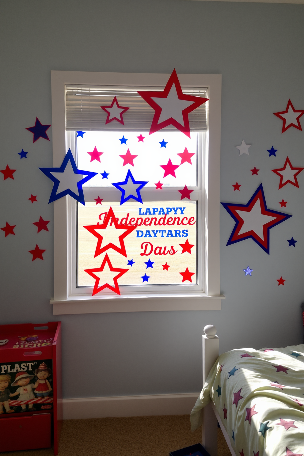 A playful children's room adorned with star shaped window stickers celebrating Independence Day. The stickers are vibrant red, white, and blue, creating a festive atmosphere that captures the spirit of the holiday.