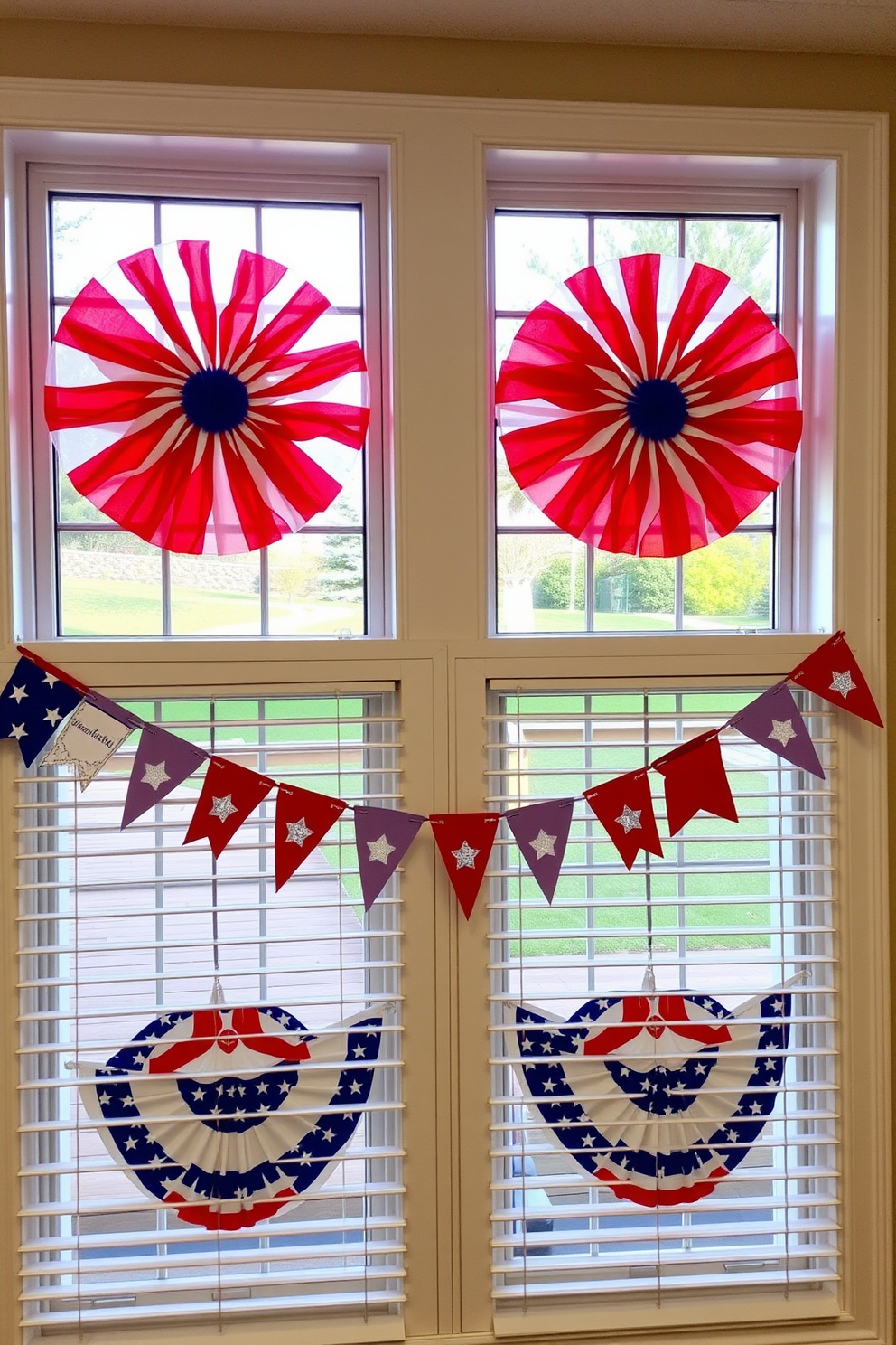 Patriotic themed wall art adorns the windows, featuring vibrant red white and blue colors that celebrate Independence Day. The decorations include stars and stripes designs along with festive banners that create a joyful atmosphere in the room.