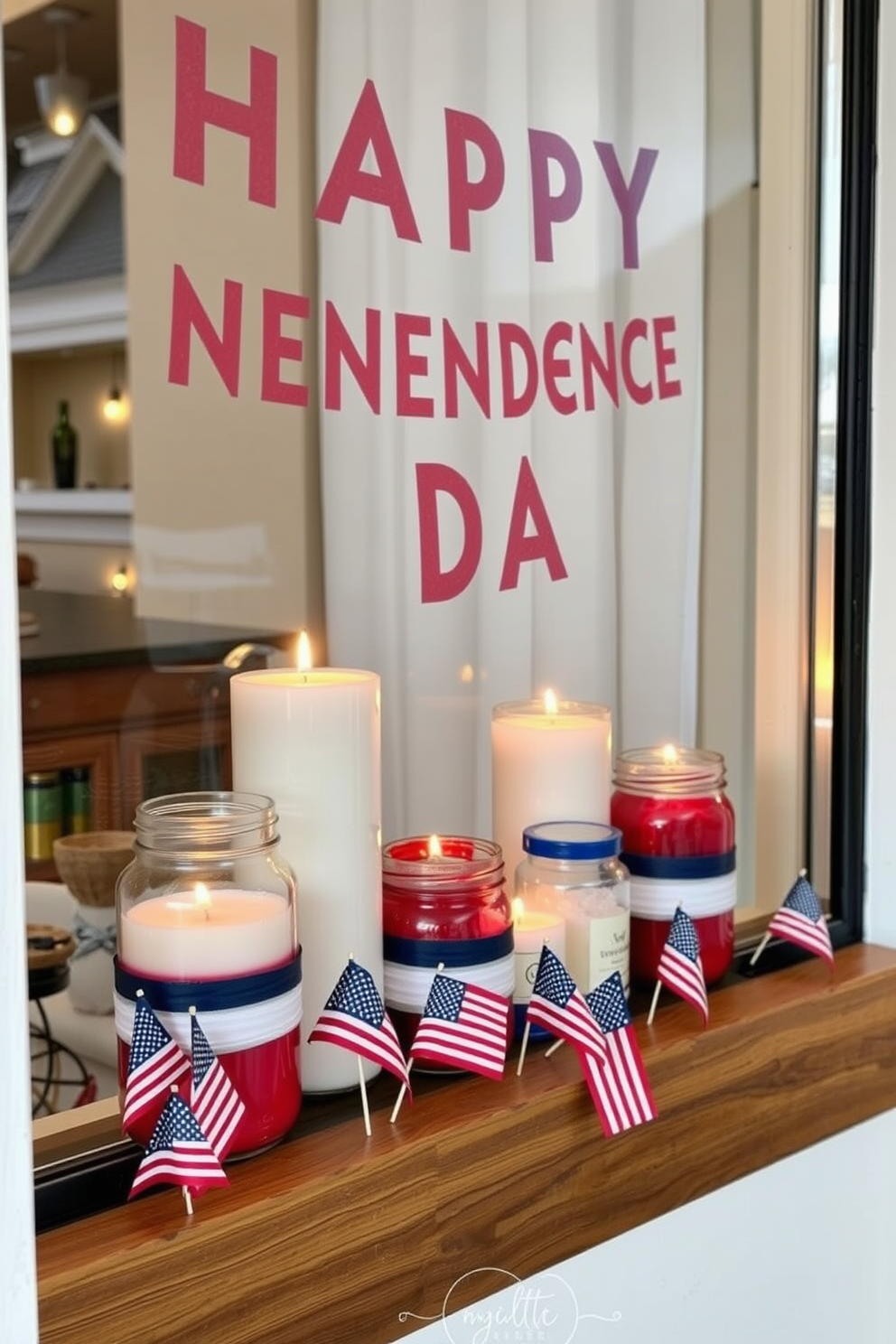 A festive window display celebrating Independence Day. Scented candles in red, white, and blue jars are arranged on a wooden sill adorned with small American flags.