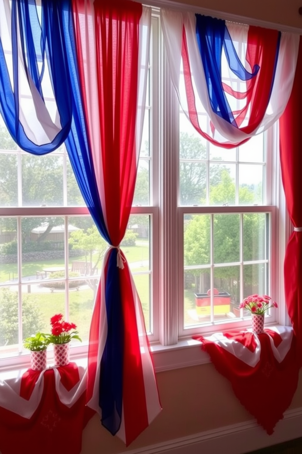 A festive display of red white and blue tablecloths is draped elegantly over the window sills creating a patriotic atmosphere. The vibrant colors complement the natural light streaming in while adding a cheerful touch to the room.