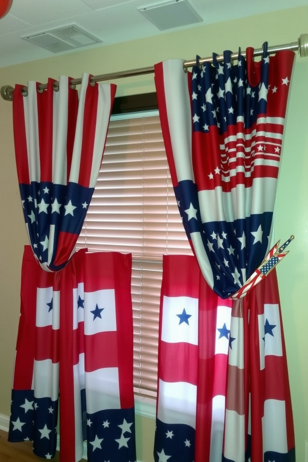 Festive window treatments adorned with vibrant flag patterns create a celebratory atmosphere. The curtains flow elegantly from a polished rod, complementing the patriotic theme of the room. Bold red, white, and blue hues dominate the design, evoking a sense of national pride. Decorative tiebacks featuring stars add a charming touch to the overall look.