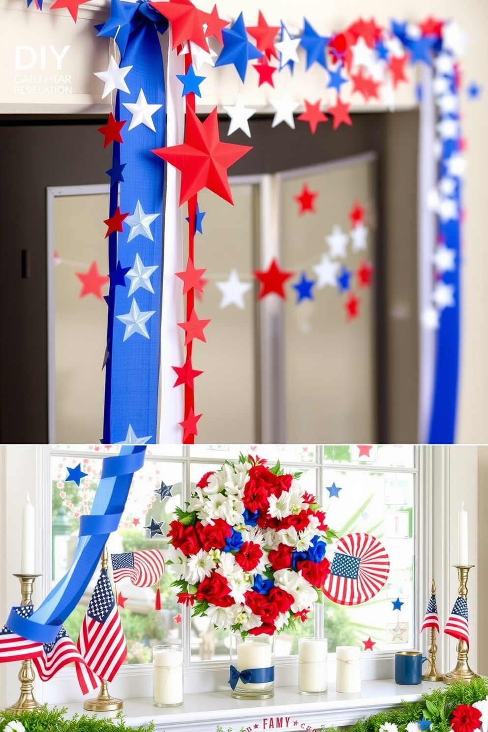 A festive DIY Independence Day themed garland made of red white and blue paper stars and stripes. The garland is draped elegantly across a mantel adorned with miniature American flags and patriotic candles. Creative Independence Day window decorating ideas featuring red white and blue window clings and hanging decorations. The windows are framed with a wreath made of fresh flowers in patriotic colors creating a vibrant display.