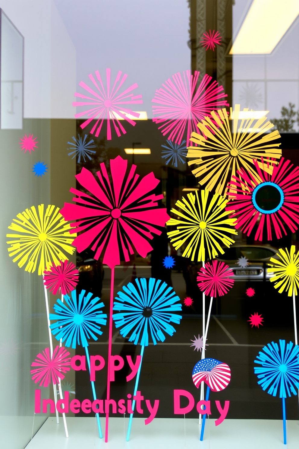 A festive window display featuring vibrant fireworks themed paper cutouts in various sizes and colors. The cutouts are strategically placed to create a dynamic and celebratory atmosphere for Independence Day.