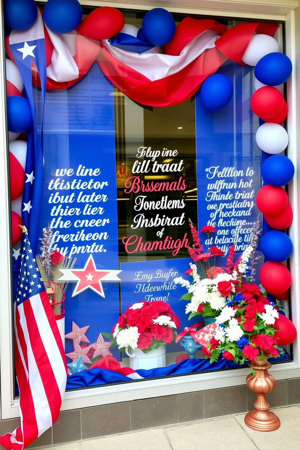 Create a striking window display that celebrates Independence Day. Incorporate bold red white and blue colors along with patriotic quotes that inspire a sense of freedom and unity. Use a combination of decorative elements such as stars and stripes alongside vibrant floral arrangements. Ensure the layout is visually balanced and draws attention to the quotes prominently featured in the design.