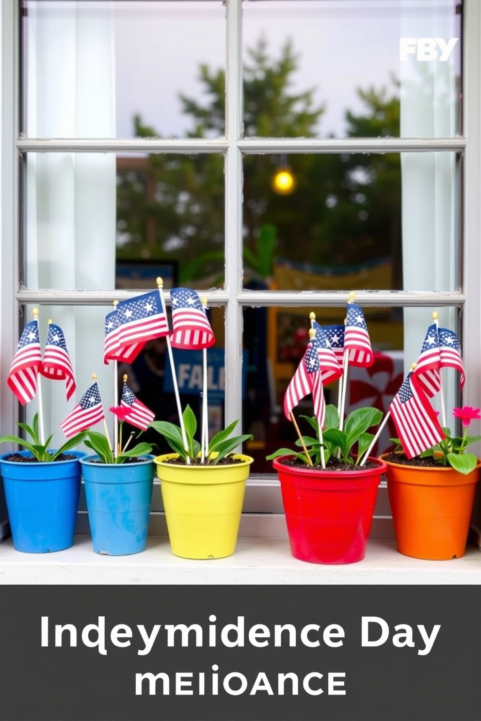 A festive window display featuring miniature flags planted in colorful flower pots. The flower pots are arranged neatly on a windowsill, creating a cheerful and patriotic atmosphere for Independence Day.