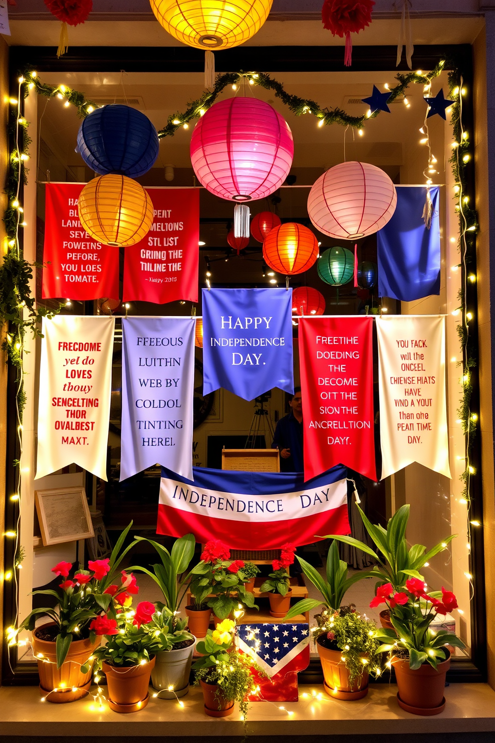 A festive window display celebrating Independence Day features vibrant red white and blue banners adorned with inspirational quotes about freedom and patriotism. The window is framed with twinkling fairy lights and surrounded by potted plants to create a warm and inviting atmosphere. Colorful paper lanterns and stars hang from the ceiling to enhance the festive spirit. The overall design invites passersby to reflect on the significance of the holiday while enjoying a visually striking decoration.