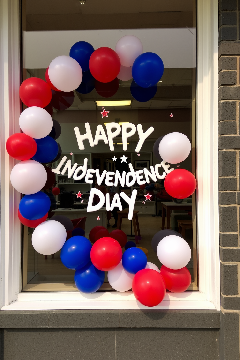 A festive window display featuring a vibrant garland made of red white and blue balloons. The balloons are arranged in a playful pattern to celebrate Independence Day, creating a cheerful and patriotic atmosphere.