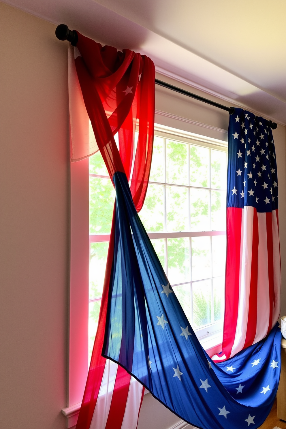 A vintage American flag fabric gracefully drapes over a large window, creating a festive atmosphere for Independence Day celebrations. The fabric's rich colors of red, white, and blue contrast beautifully with the soft natural light filtering through the glass, enhancing the patriotic theme of the room.