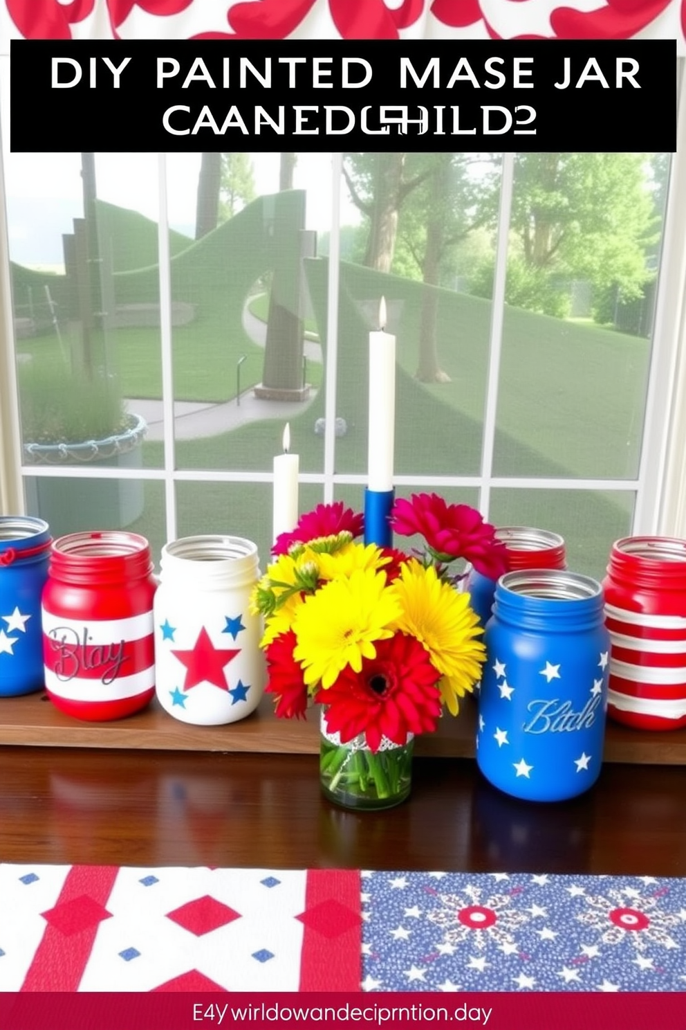 A collection of DIY painted mason jar candle holders in red white and blue colors. Each jar features unique patriotic designs such as stars and stripes to celebrate Independence Day. The candle holders are arranged on a wooden table adorned with a festive tablecloth. Brightly colored flowers are placed in the center to enhance the cheerful atmosphere of the window decorating ideas.