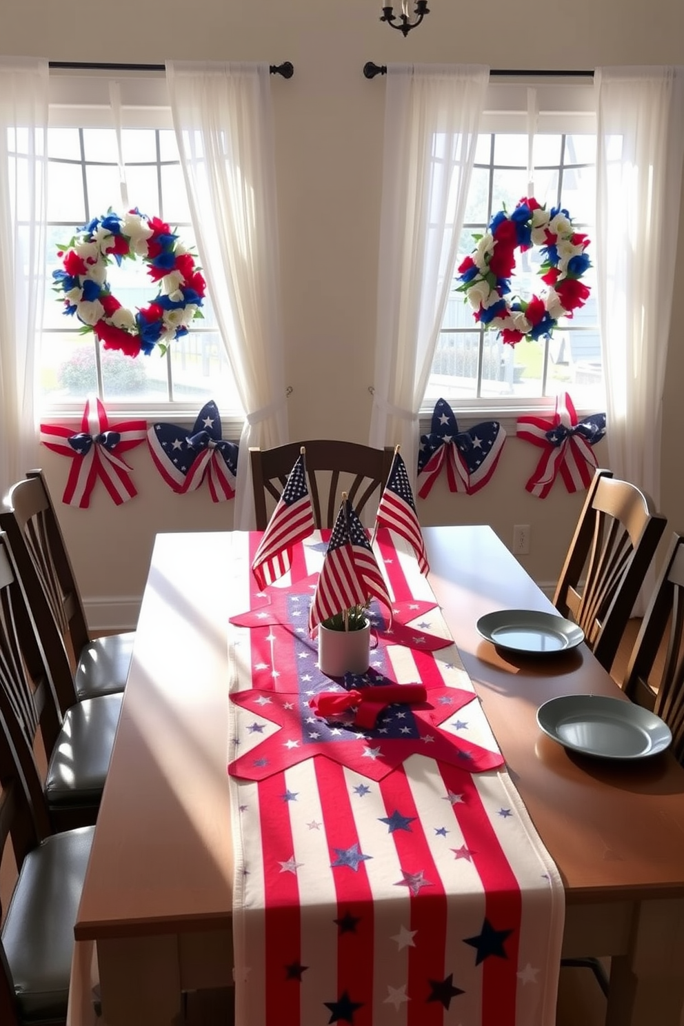 A festive dining table adorned with stars and stripes table runners in vibrant red white and blue. The table is set with matching plates and utensils while small American flags are placed in the center as a cheerful decoration. Windows are dressed with sheer white curtains that allow natural light to filter through. Patriotic wreaths made of red white and blue flowers hang on each window adding a touch of holiday spirit.