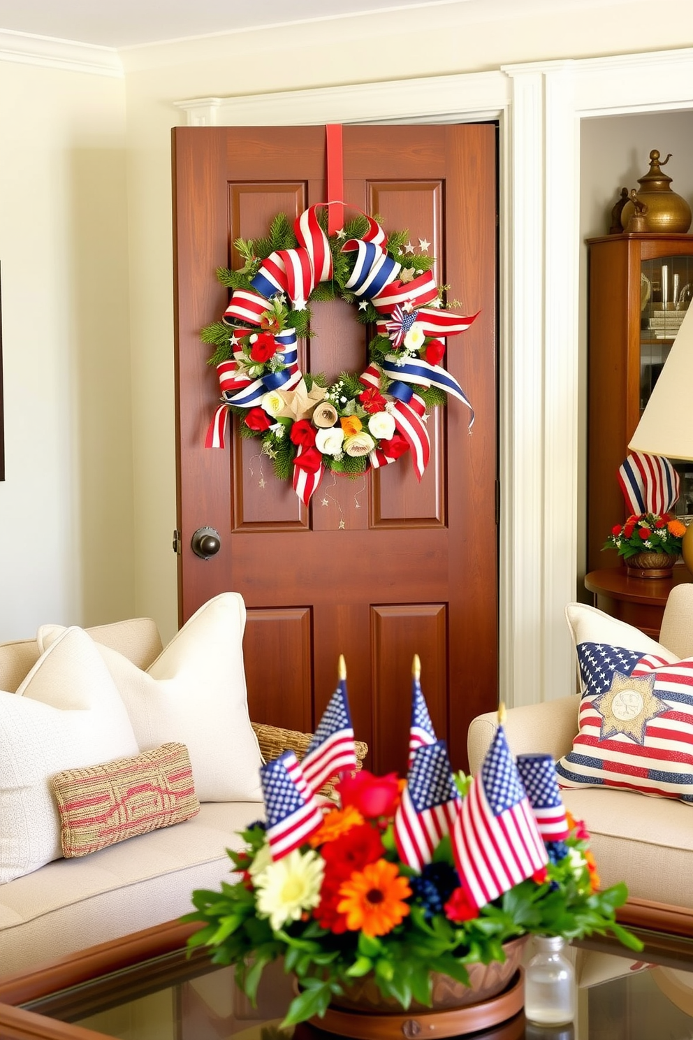 A patriotic wreath adorned with red white and blue ribbons hangs on a classic wooden front door. The wreath features an assortment of seasonal flowers and stars creating a welcoming entrance for guests. Inside the apartment vibrant decorations celebrate Labor Day with a mix of rustic and modern elements. Cozy throw pillows in patriotic colors are arranged on a neutral sofa while a festive table centerpiece showcases miniature American flags and fresh seasonal blooms.