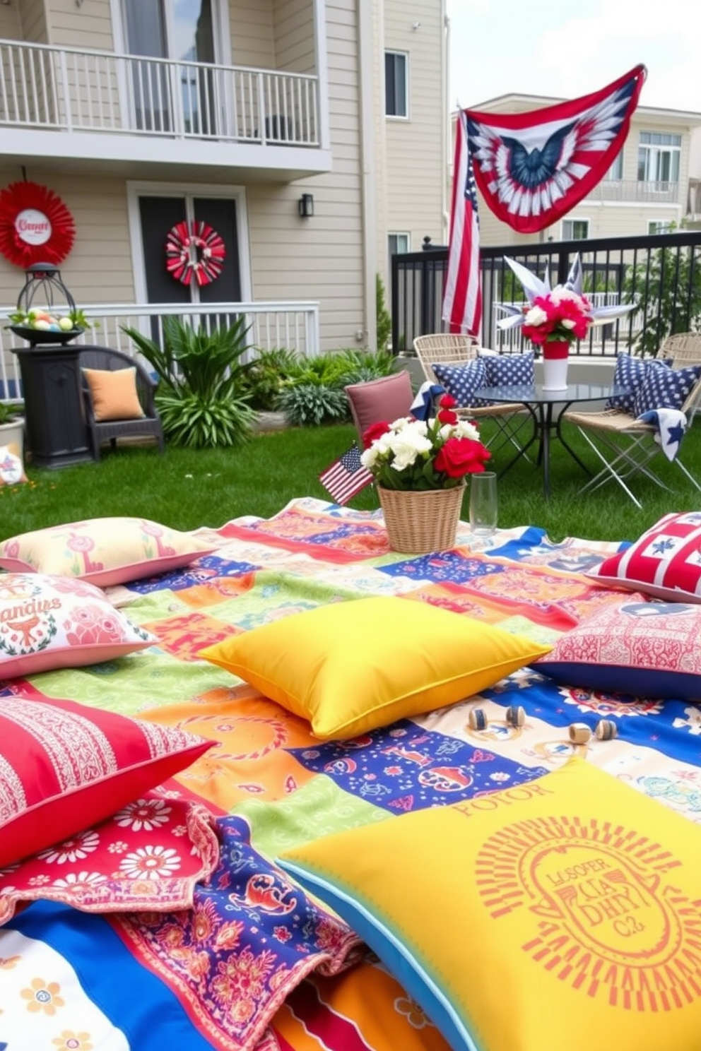 A vibrant picnic blanket is spread out on a grassy area, featuring a mix of bright colors and patterns that create a cheerful atmosphere. Surrounding the blanket are decorative pillows in coordinating hues, inviting relaxation and enjoyment. The apartment is adorned with festive Labor Day decorations, including red, white, and blue accents that celebrate the holiday. Tasteful arrangements of flowers and themed tableware enhance the festive spirit, making the space feel warm and welcoming.