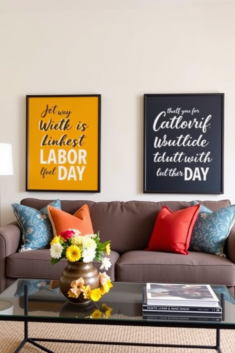 Create a stylish living room featuring themed wall art that showcases inspiring quotes about Labor Day. The decor should include a comfortable sofa, colorful throw pillows, and a coffee table adorned with seasonal flowers and a small stack of books.