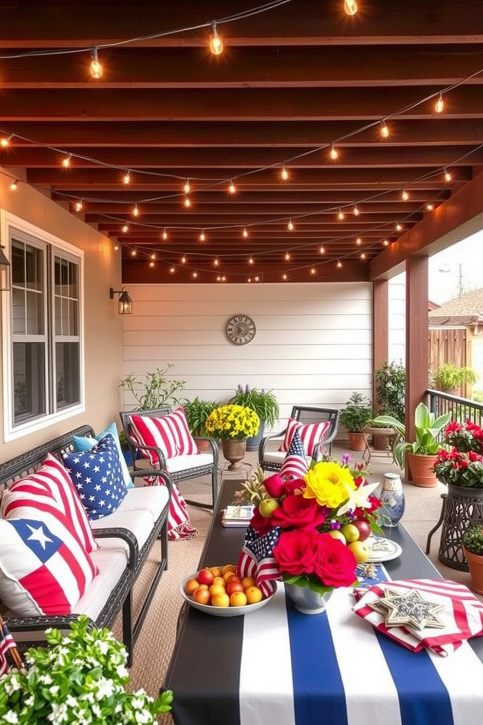 Outdoor patio with festive decor. String lights are draped overhead, creating a warm ambiance for evening gatherings. Colorful cushions are scattered on the seating, adding a vibrant touch to the space. Potted plants line the edges, enhancing the natural feel of the patio. Labor Day apartment decorating ideas. A patriotic color scheme of red white and blue is used throughout the living area. Decorative pillows and throws feature stars and stripes, while a festive table setting showcases seasonal fruits and flowers.