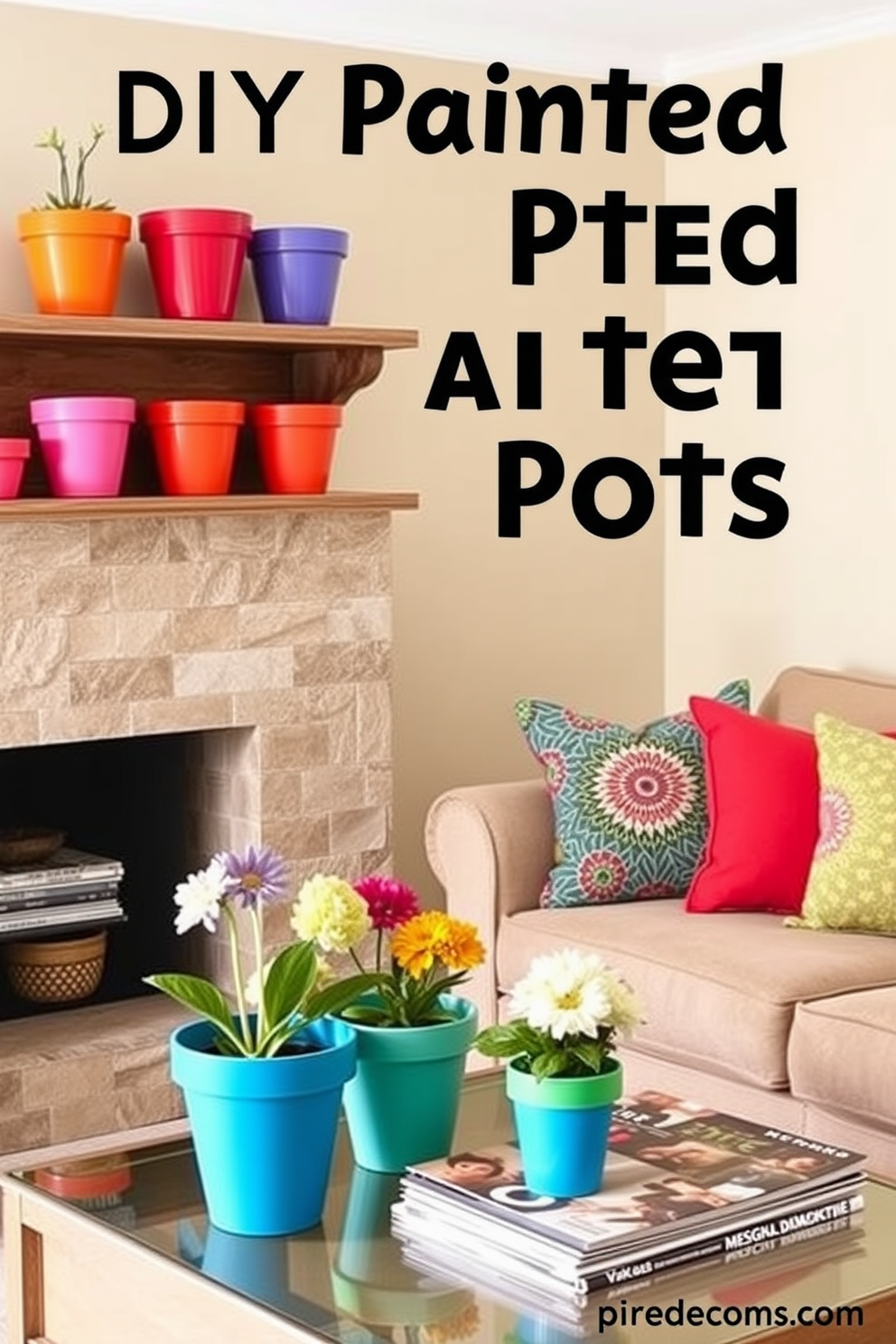 A cozy living room featuring DIY painted flower pots in vibrant colors. The pots are arranged on a rustic wooden shelf, adding a pop of color to the neutral-toned walls. In the corner, a comfortable seating area is adorned with colorful throw pillows that complement the flower pots. A small coffee table holds a stack of design magazines and a few more painted pots filled with fresh flowers.