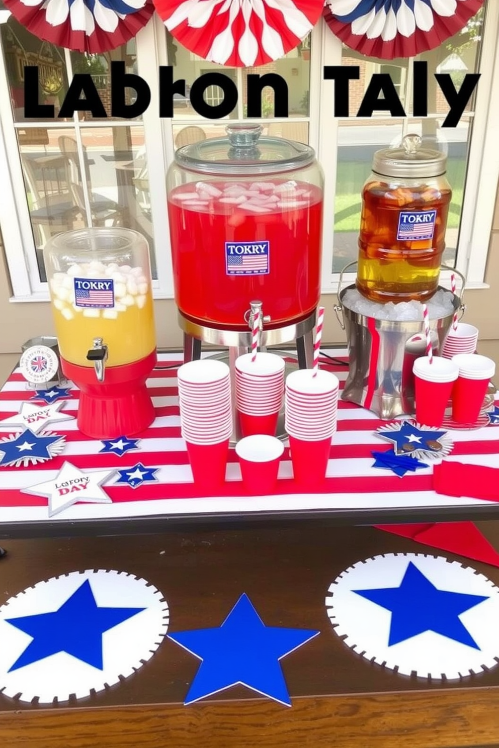 A festive drink station for Labor Day featuring a red white and blue color scheme. The table is adorned with patriotic themed decorations including star shaped coasters and striped tablecloths. Beverage dispensers filled with lemonade and iced tea are placed on the table surrounded by ice buckets. Red white and blue cups and napkins complete the cheerful setup for a summer gathering.