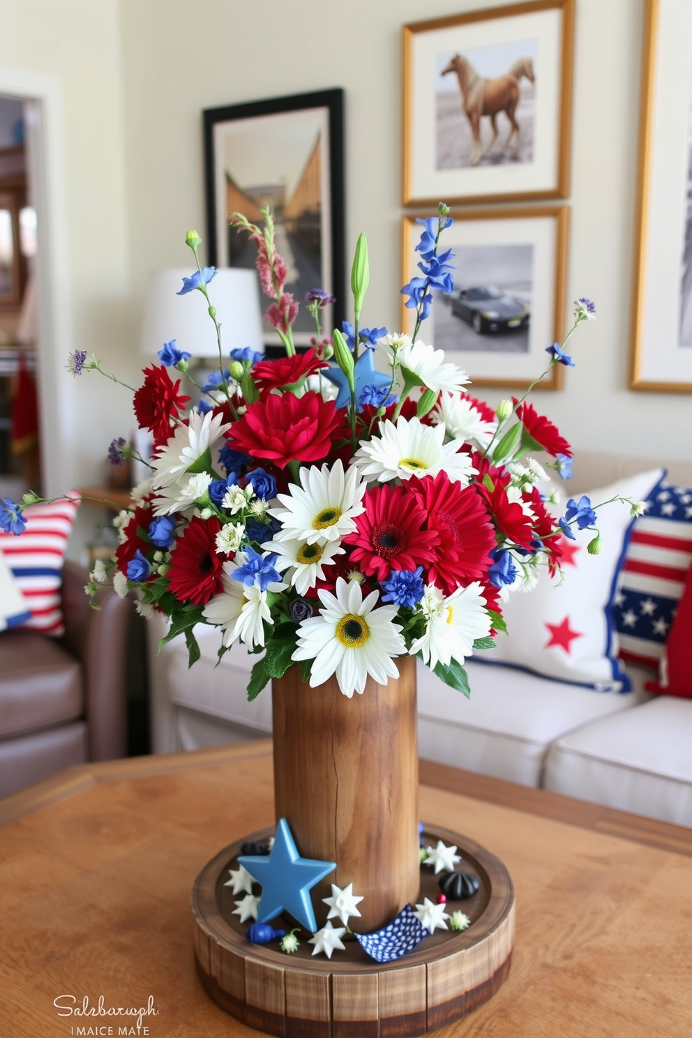 A vibrant seasonal centerpiece is arranged with an assortment of fresh flowers in varying shades of red, white, and blue. The flowers are elegantly placed in a rustic wooden vase, surrounded by small decorative elements like stars and stripes. For Labor Day apartment decorating ideas, the living space features cozy seating adorned with patriotic throw pillows. The walls are subtly decorated with framed art that reflects the spirit of the holiday, creating a welcoming atmosphere for gatherings.