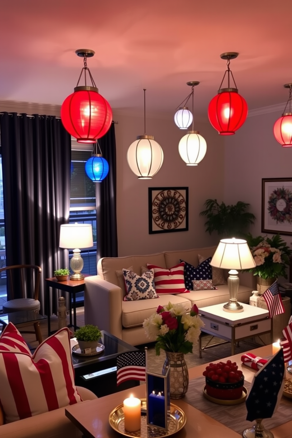 A cozy living room adorned with colorful lanterns casting a warm glow in the evening. The lanterns are hung from the ceiling and placed on side tables, creating a festive atmosphere perfect for gatherings. A stylish apartment decorated for Labor Day with red, white, and blue accents. The space features a mix of patriotic throw pillows, table settings, and wall art that celebrate the spirit of the holiday.