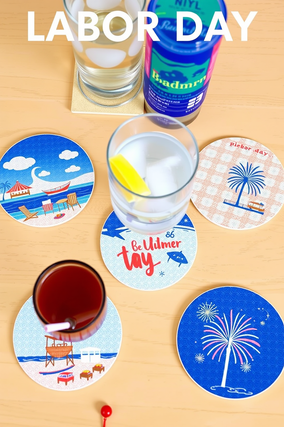 Themed coasters for drinks. Each coaster features a unique design inspired by summer themes such as beach scenes, barbecues, and fireworks. Labor Day Apartment Decorating Ideas. Incorporate red, white, and blue accents throughout the space with festive cushions, table settings, and wall art to celebrate the holiday.