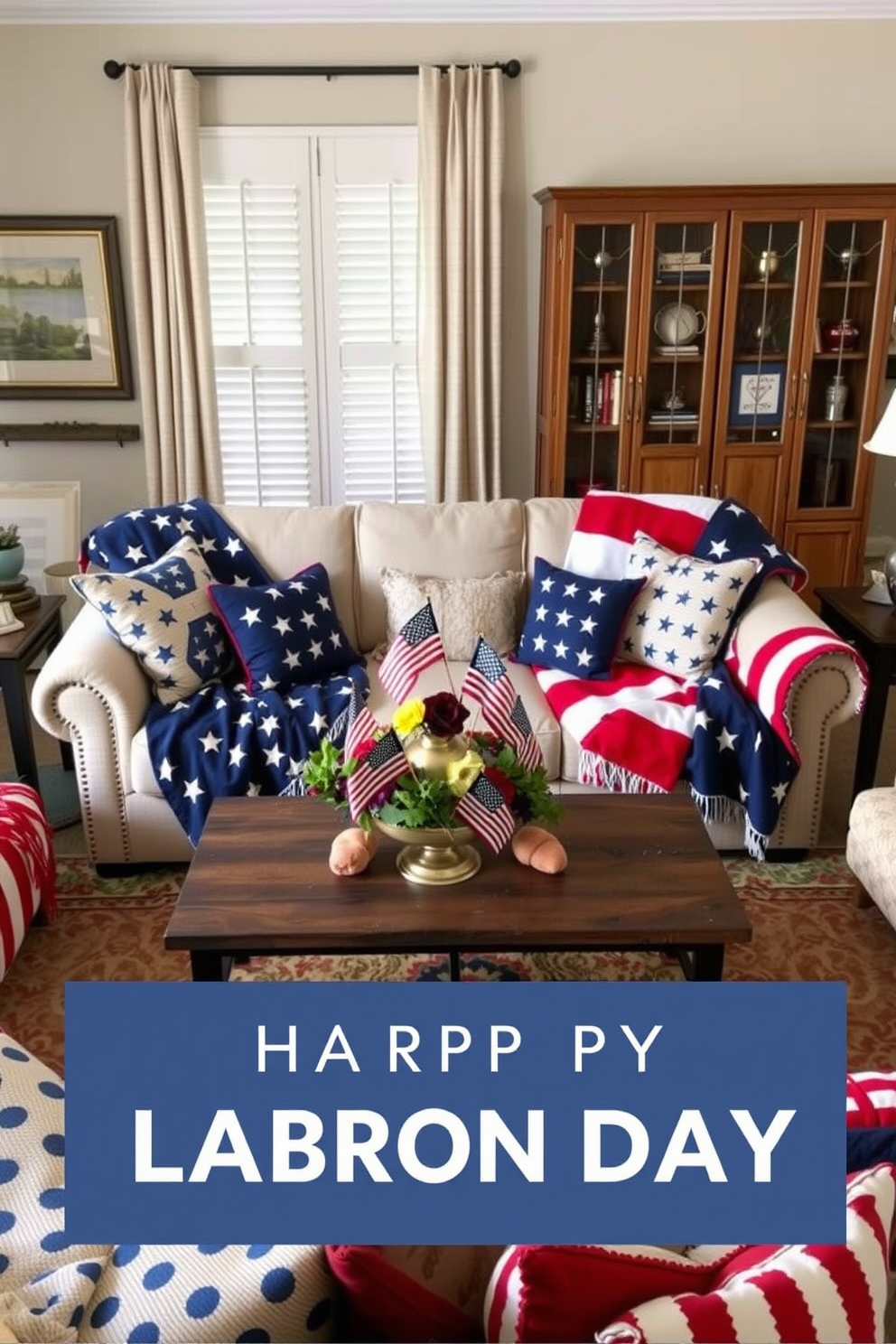 A cozy living room adorned with patriotic-themed throw blankets draped over a plush sofa. The blankets feature bold red, white, and blue patterns, creating a festive atmosphere perfect for celebrating Labor Day. The coffee table is styled with a rustic centerpiece that includes small American flags and seasonal flowers. Surrounding the room, decorative pillows complement the blankets, adding comfort and a touch of holiday spirit.