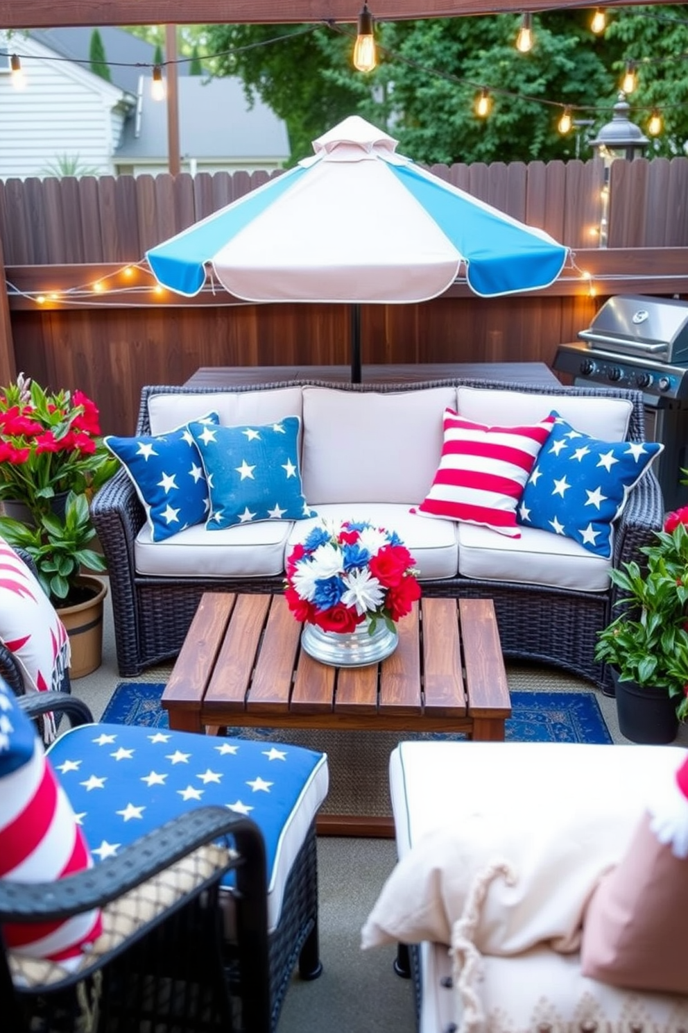 Create a cozy outdoor seating area featuring stars and stripes cushions that evoke a festive atmosphere. The cushions are arranged on a comfortable wicker sofa, surrounded by potted plants and string lights for an inviting ambiance. Incorporate a wooden coffee table at the center, adorned with a red, white, and blue centerpiece. The backdrop includes a vibrant patio umbrella and a grill station, perfect for a Labor Day celebration.