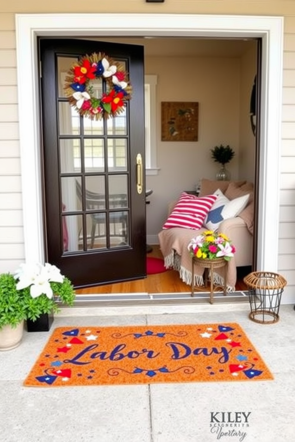 A seasonal door mat welcomes guests with a cheerful Labor Day greeting. The mat features vibrant colors and festive designs that celebrate the holiday spirit, setting a warm tone for the apartment. Incorporate decorative elements like red, white, and blue throw pillows on the sofa. Add a cozy blanket and fresh flowers in a vase to enhance the festive atmosphere throughout the living space.