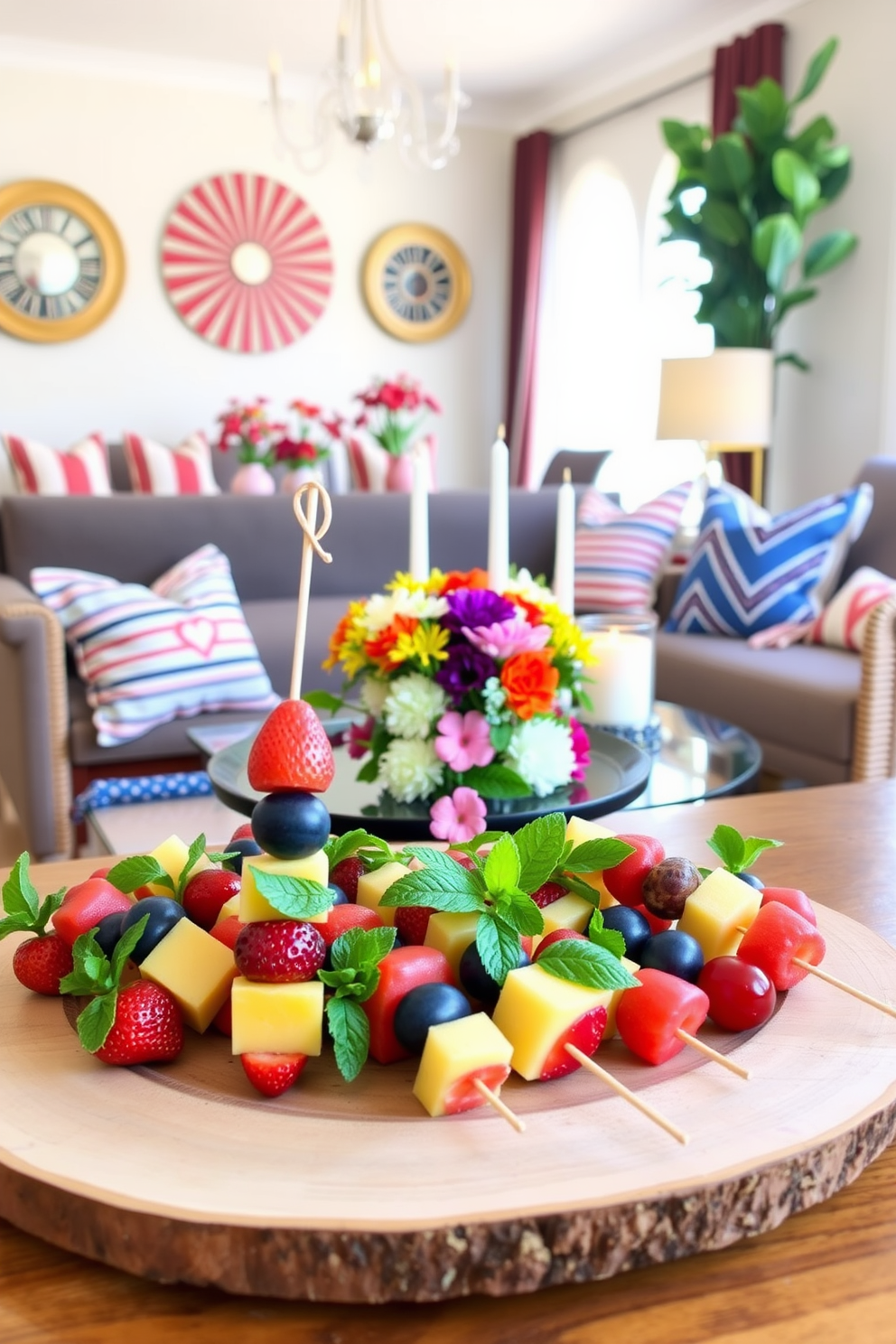 Colorful fruit skewers arranged on a wooden platter. The skewers feature a vibrant mix of strawberries, pineapple, grapes, and melon, garnished with fresh mint leaves. Labor Day apartment decorated with festive red, white, and blue accents. The living area showcases a cozy seating arrangement with patriotic throw pillows and a table adorned with a colorful centerpiece of flowers and candles.