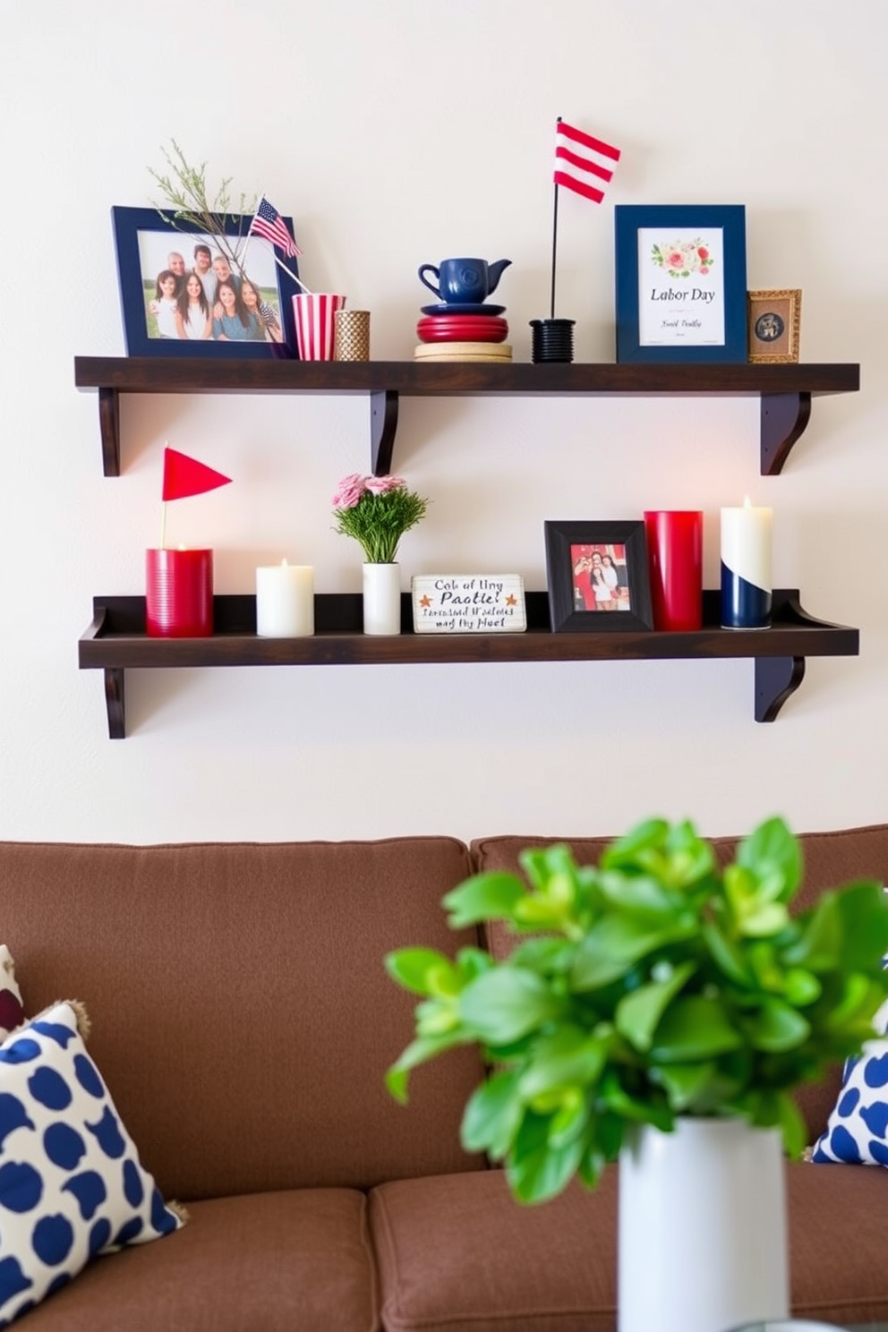 Create a cozy living space featuring wall-mounted shelves adorned with themed decor for Labor Day. The shelves display red, white, and blue accents, including small flags, seasonal candles, and rustic picture frames.