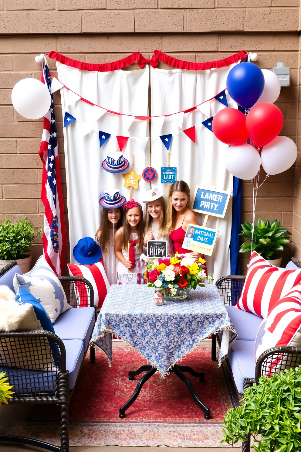 A patriotic themed photo booth area features a backdrop adorned with red white and blue bunting and balloons. In front of the backdrop, there are props like hats and signs celebrating national pride for guests to use during their photos. For Labor Day apartment decorating ideas, the space is styled with cozy outdoor seating and vibrant throw pillows in seasonal colors. A small table is set up with a festive tablecloth and a centerpiece of seasonal flowers to create a welcoming atmosphere.