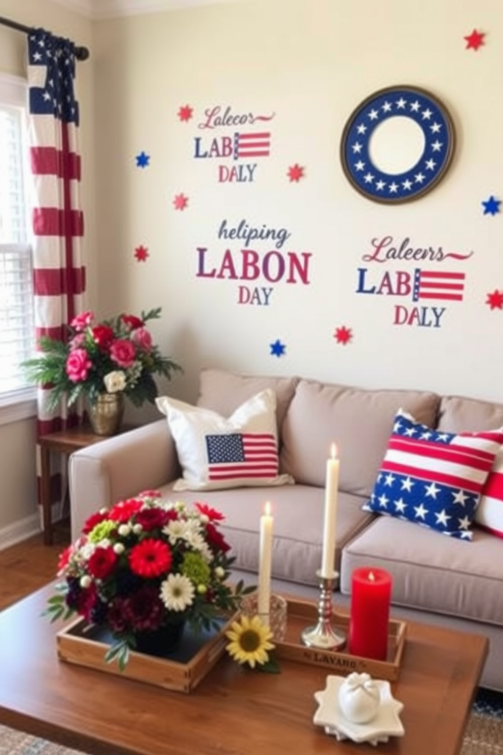 Create a vibrant living space adorned with red white and blue wall decals that celebrate Labor Day. The design features a cozy sofa with patriotic throw pillows and a coffee table decorated with seasonal flowers and festive candles.