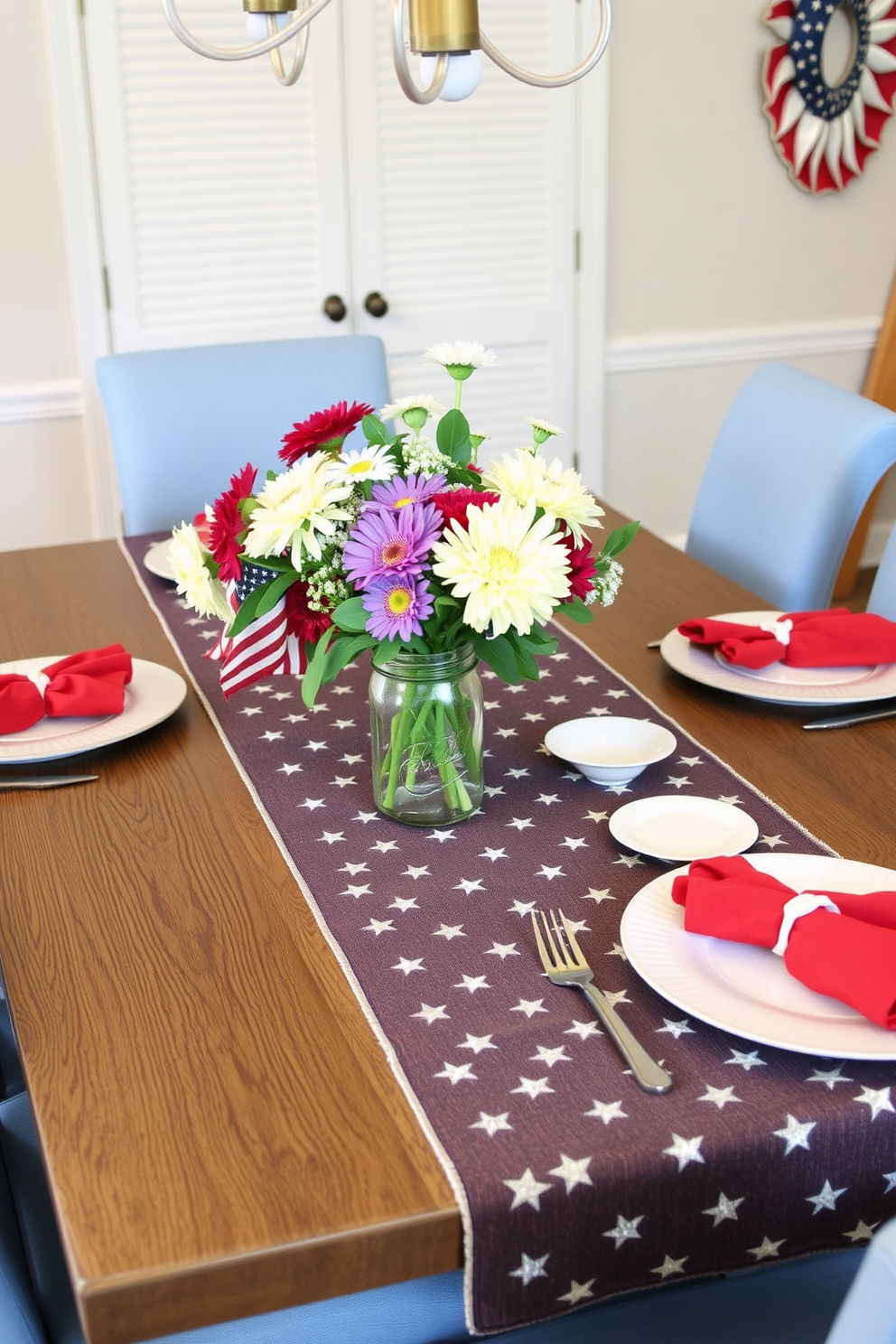 A festive dining table setting featuring a stars and stripes table runner that adds a patriotic touch. The runner is complemented by white dinnerware and red napkins, creating a vibrant and inviting atmosphere for a Labor Day gathering. Surrounding the table are comfortable chairs upholstered in a soft blue fabric, enhancing the overall theme. Fresh flowers in a mason jar serve as a centerpiece, bringing a touch of nature to the festive decor.