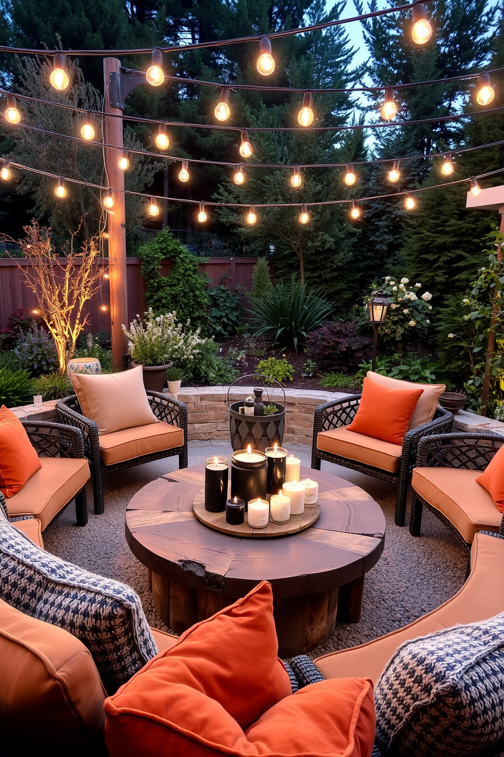 A cozy outdoor fire pit is surrounded by a circular arrangement of comfortable seating, featuring plush cushions in warm tones. The area is illuminated by string lights overhead, creating a welcoming atmosphere for gatherings. In the center of the seating arrangement, a rustic wooden coffee table holds an array of decorative candles and a small plant. The backdrop includes lush greenery and soft landscaping that enhances the overall inviting vibe of the space.