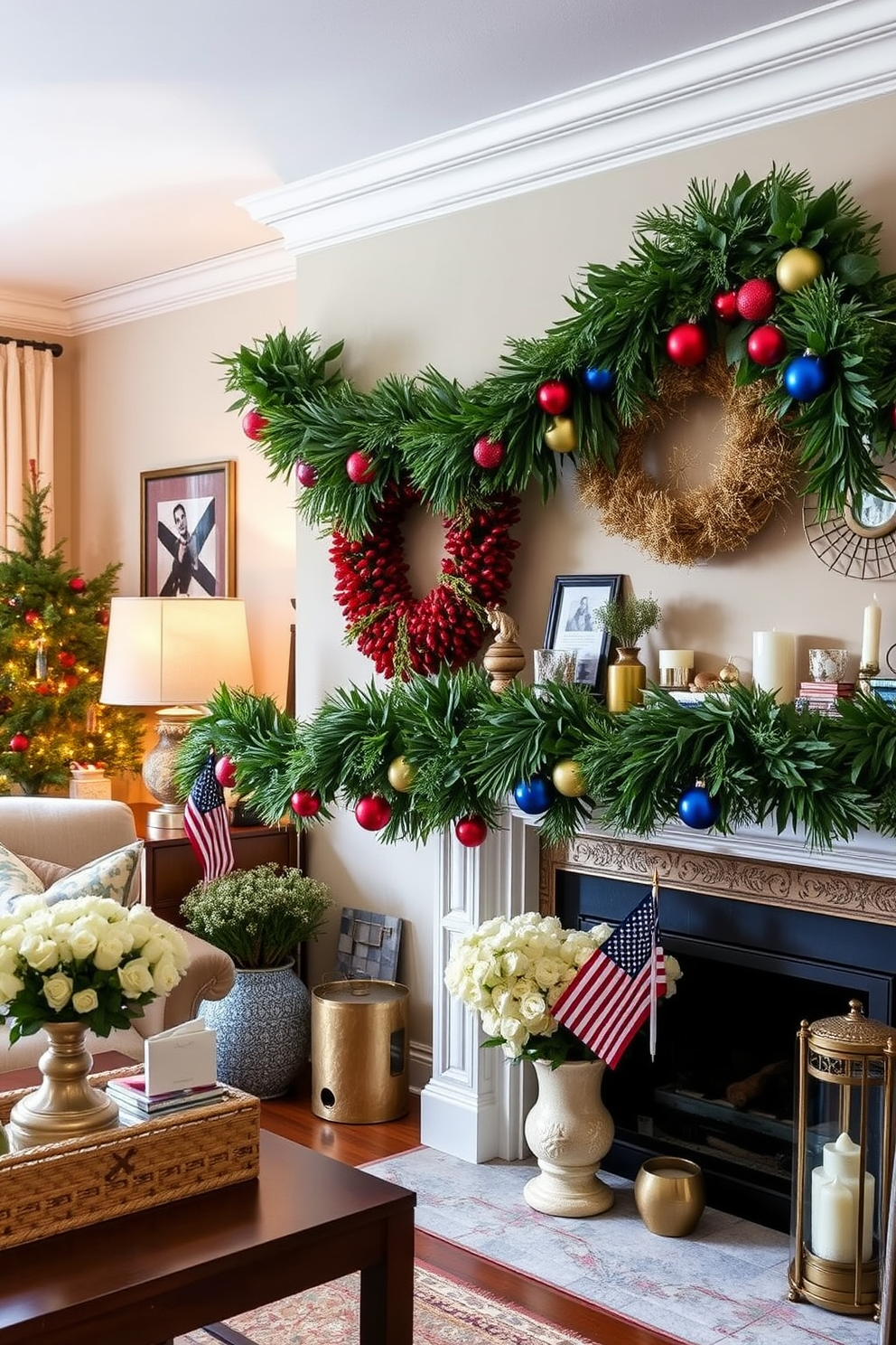 A cozy living room adorned for a festive celebration. The mantel is draped with vibrant garlands of greenery and colorful ornaments, creating a warm and inviting atmosphere. Stylish decorations reflect the spirit of Labor Day. Thoughtfully arranged accents and seasonal touches enhance the apartment's charm while celebrating the holiday.