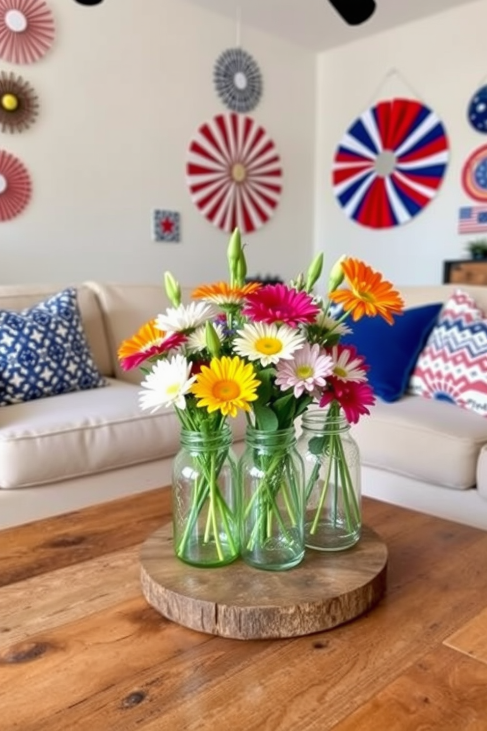 A cozy apartment living room decorated for Labor Day. There are mason jars filled with colorful flowers arranged on a rustic wooden coffee table, creating a vibrant focal point. The walls are adorned with festive red, white, and blue decorations. A comfortable sofa with throw pillows in coordinating colors invites relaxation and celebration.