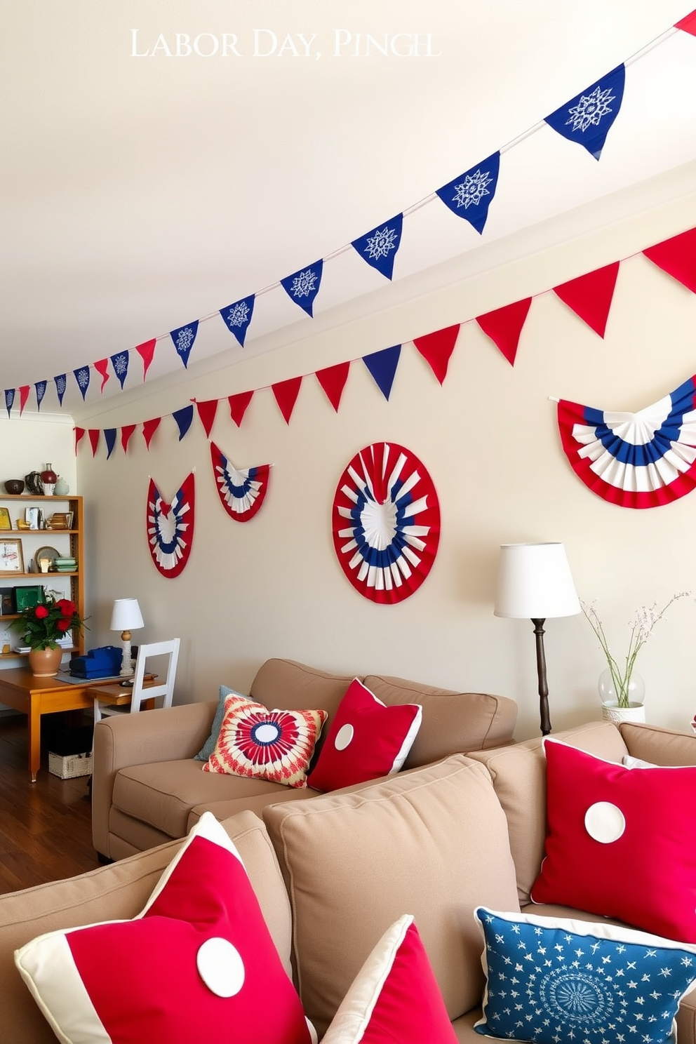 A festive Labor Day apartment setting is adorned with vibrant patriotic bunting hanging gracefully along the walls. The space features cozy seating arrangements with red, white, and blue throw pillows, creating a welcoming atmosphere for gatherings.