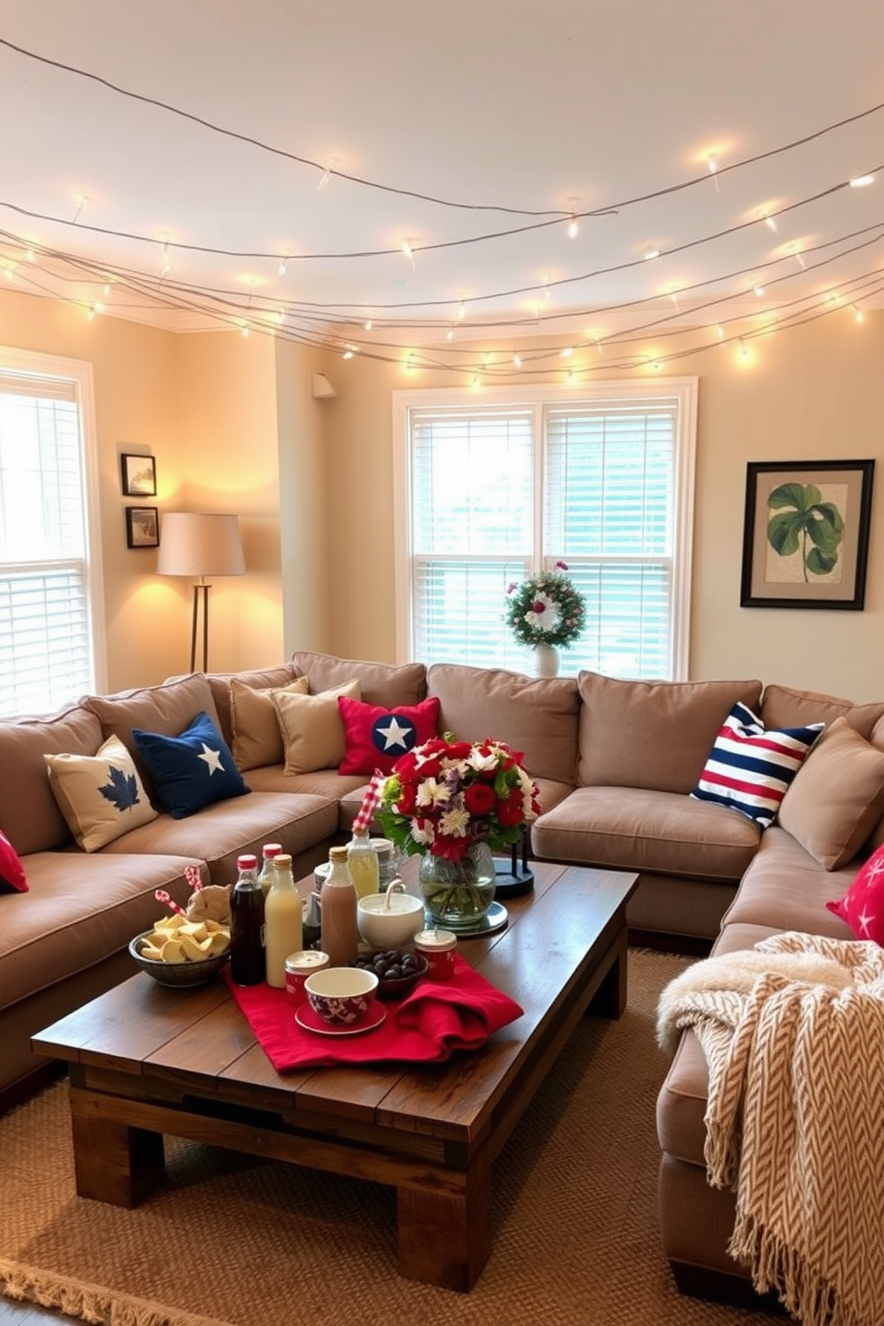 A warm and inviting living space adorned with string lights that cast a cozy glow throughout the room. The walls are painted in a soft beige, and plush cushions in earthy tones are scattered across a large sectional sofa. For Labor Day, the apartment is decorated with festive accents such as red, white, and blue throw pillows and a vibrant table centerpiece featuring seasonal flowers. A rustic wooden coffee table holds an array of snacks and drinks, creating an ideal setting for gathering with friends and family.