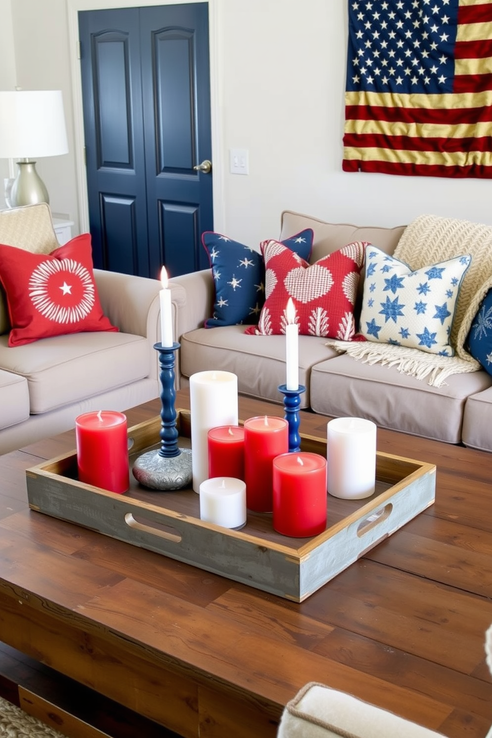 Create a cozy living room setting for Labor Day celebrations. Arrange decorative red, white, and blue candles on a rustic wooden coffee table surrounded by plush seating. Incorporate festive throw pillows and a woven blanket in similar colors on the couch. Add a large American flag art piece on the wall to enhance the holiday spirit.