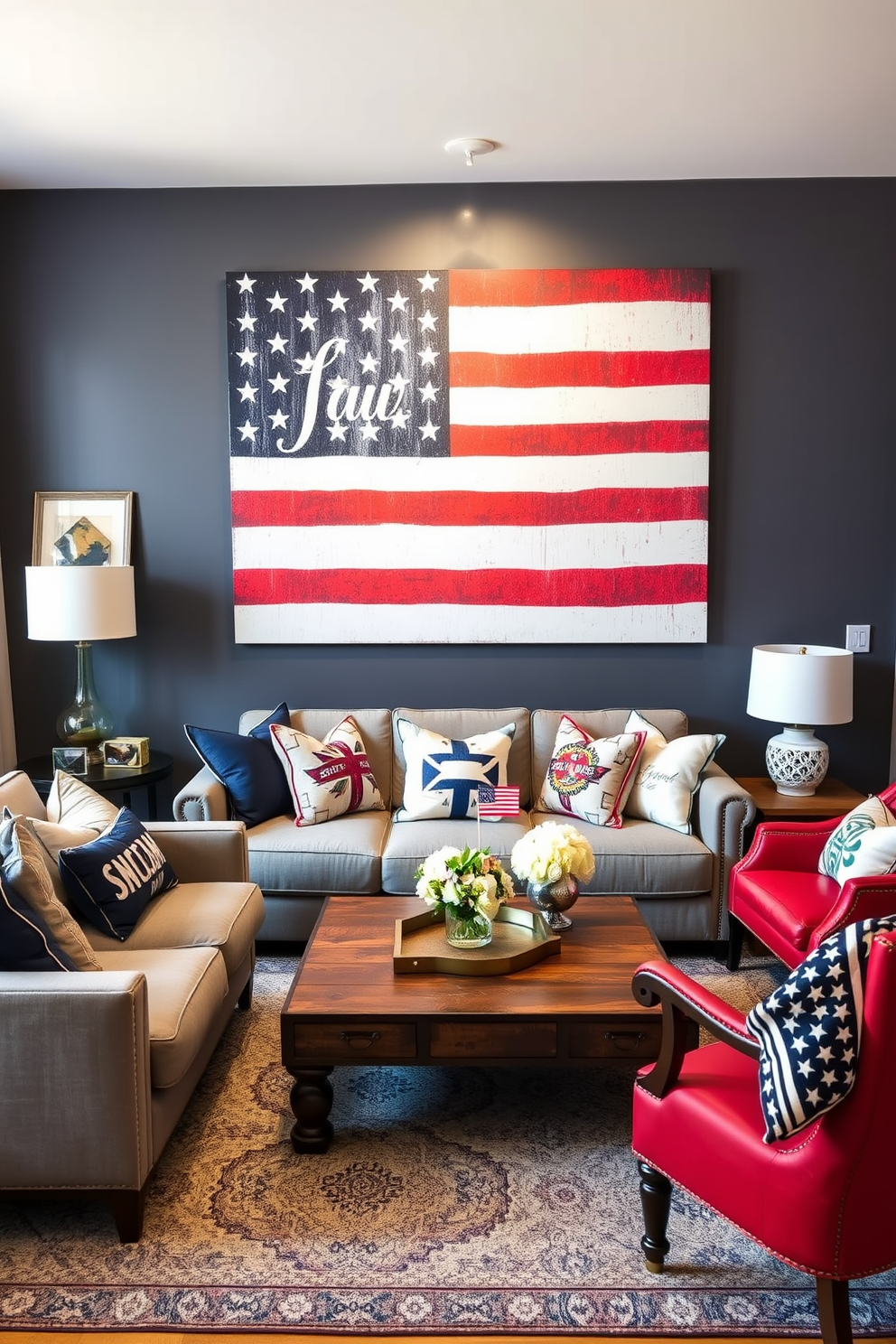 A chic living room featuring a large canvas of the American flag as the focal point on the wall. The space is adorned with cozy seating arrangements, including a plush gray sofa and a vibrant red accent chair, complemented by a rustic coffee table. Decorative elements inspired by Labor Day are scattered throughout the apartment, such as themed throw pillows and a festive table centerpiece. The overall color palette combines navy blue, white, and hints of red to create a patriotic yet inviting atmosphere.