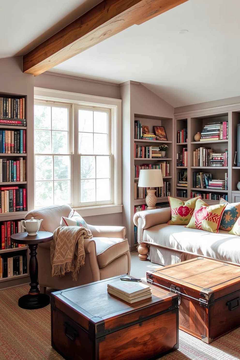 Cozy reading nook with built-in shelves. The nook features a plush armchair in a soft fabric, positioned next to a large window that lets in natural light. Surrounding the chair are built-in shelves filled with an array of books and decorative items. A small side table holds a steaming cup of tea and a cozy blanket draped over the arm of the chair. Labor Day Attic Decorating Ideas. The attic is transformed into a charming retreat with rustic wooden beams and soft, ambient lighting. A comfortable daybed is adorned with colorful throw pillows, and a vintage trunk serves as a coffee table.