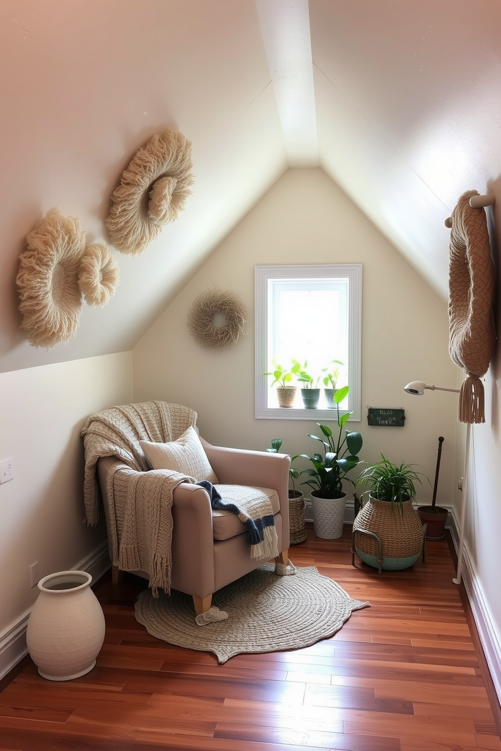 A cozy attic space adorned with soft fabric art pieces that add warmth and texture to the room. The walls are painted in a light cream color, and the flooring is a rich hardwood that enhances the inviting atmosphere. In one corner, a comfortable reading nook features a plush armchair draped with a knitted throw. Natural light pours in through a small window, illuminating a collection of potted plants that bring life to the decor.