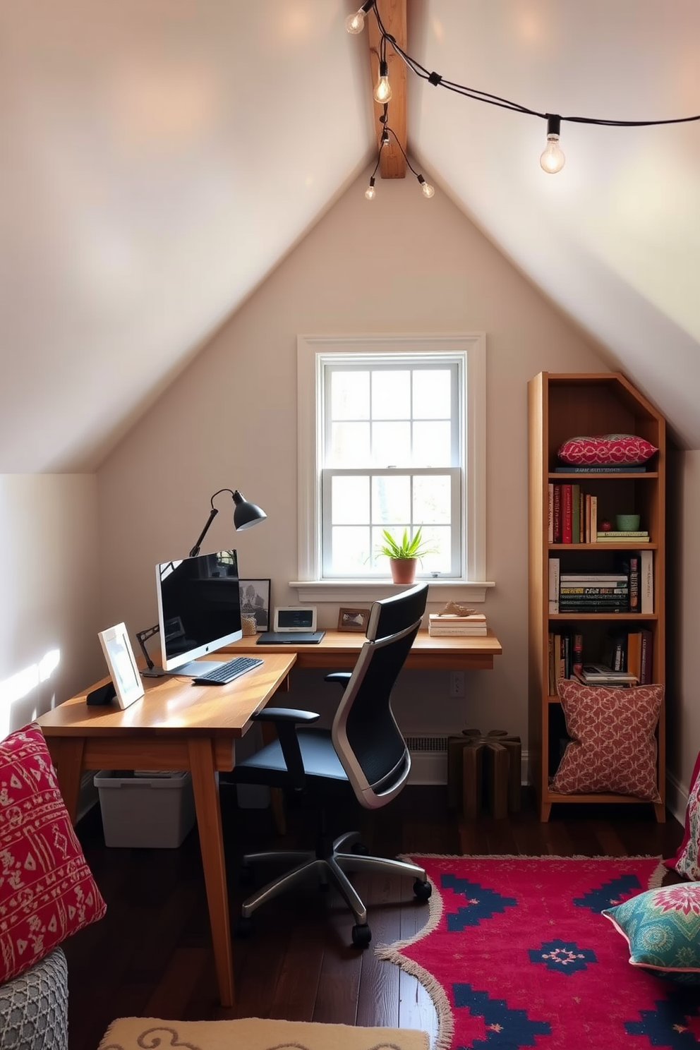 A cozy small home office area is designed with a sleek wooden desk positioned near a window that allows natural light to flood the space. A comfortable ergonomic chair is paired with the desk, and a stylish bookshelf filled with books and decorative items stands against the wall. For Labor Day attic decorating ideas, the attic is transformed into a vibrant relaxation space featuring colorful throw pillows and a soft area rug. String lights are hung across the beams, creating a warm and inviting atmosphere perfect for gatherings or quiet retreats.