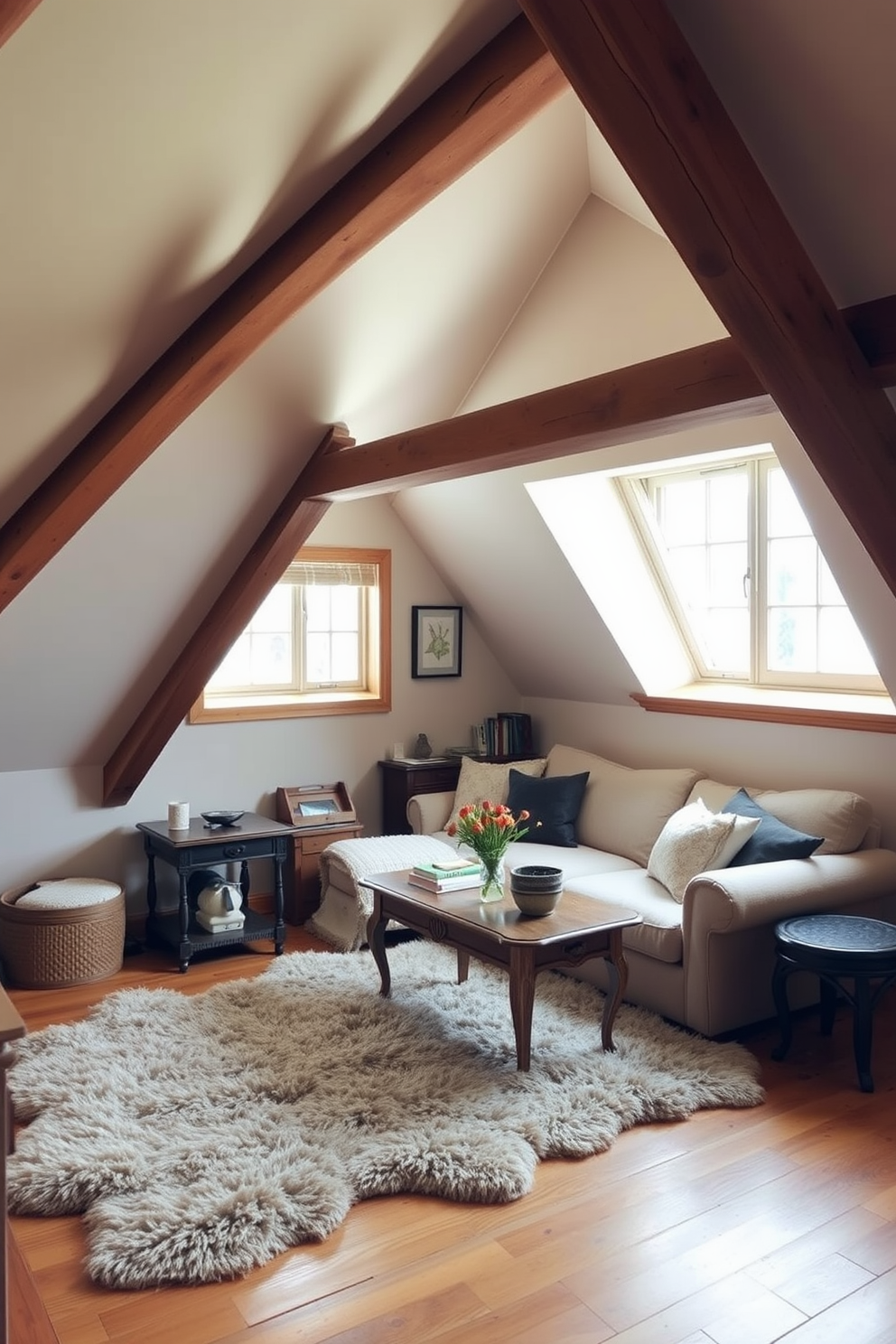 A cozy attic space designed for relaxation and creativity. The room features sloped ceilings and exposed wood beams, creating a warm atmosphere filled with natural light. A comfortable seating area is arranged with a soft sofa and a vintage coffee table. To enhance the space, a plush area rug is added for comfort, inviting guests to sit and unwind.