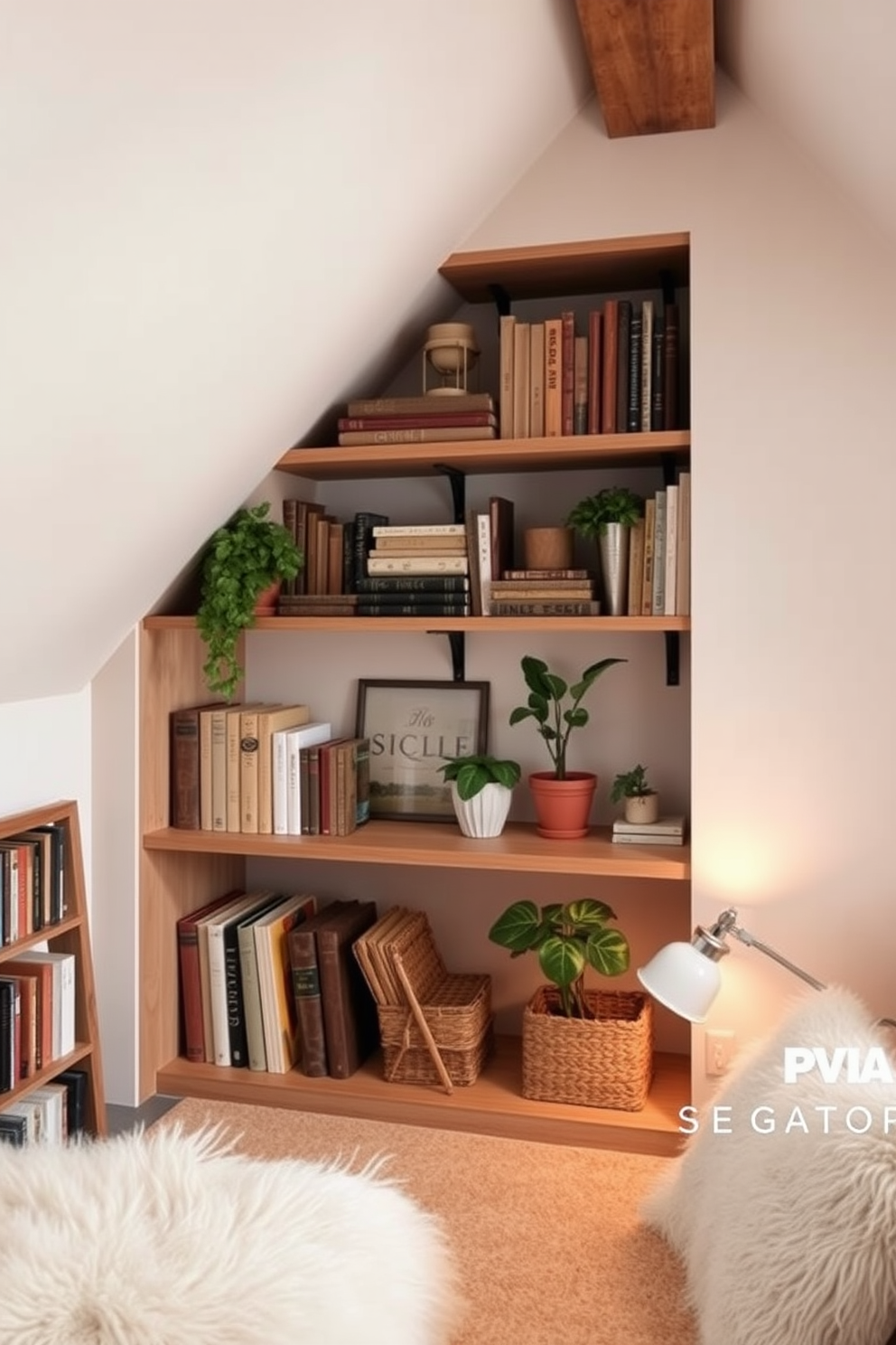 Create a cozy attic space that features open shelving for displaying curated items. The shelves are filled with a mix of vintage books, decorative boxes, and potted plants, adding personality and charm to the room. Incorporate warm lighting to enhance the inviting atmosphere. Soft, neutral tones on the walls and plush textiles create a comfortable retreat perfect for relaxation and creativity.