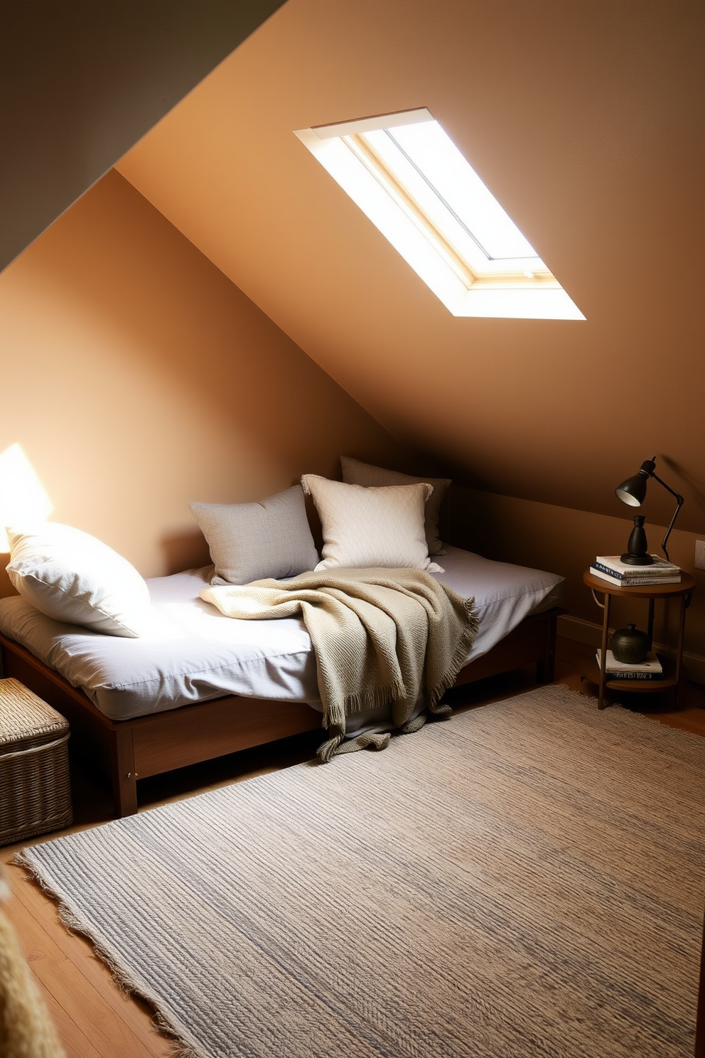 A cozy attic space featuring a versatile daybed adorned with plush cushions and a soft throw blanket. The walls are painted in a warm beige tone, and natural light streams in through a small window, creating a welcoming atmosphere. To the side, a small wooden side table holds a stack of books and a decorative lamp. The floor is covered with a textured area rug that adds warmth and comfort to the room.