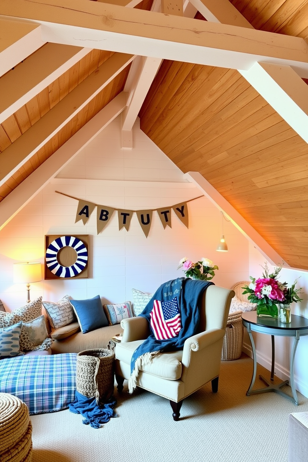 A charming attic space with exposed wooden beams painted in a soft white to enhance the ceiling height. The area is filled with cozy seating, plush cushions, and warm lighting to create an inviting atmosphere for relaxation. Stylish Labor Day decorations adorn the space, featuring rustic elements like burlap banners and seasonal flowers in mason jars. A comfortable throw blanket is draped over a vintage armchair, inviting guests to unwind and enjoy the holiday spirit.