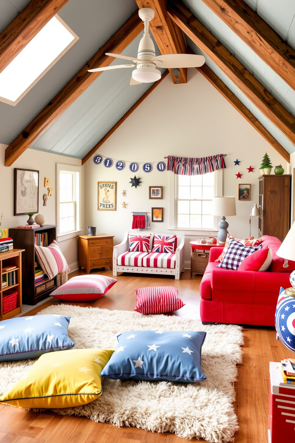 Create a whimsical playroom for kids filled with bright colors and playful furniture. There are oversized cushions scattered on a soft rug, a small reading nook with a bookshelf, and wall decals of cartoon characters. For Labor Day attic decorating ideas, envision a cozy retreat with rustic wooden beams and vintage decor. Incorporate comfortable seating with plump cushions, and add festive touches like red, white, and blue accents throughout the space.