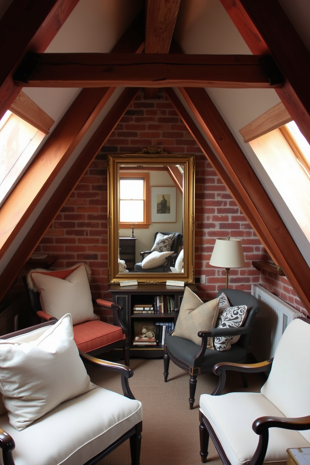 A cozy attic space transformed into a stylish retreat. The room features soft lighting that enhances the warm wooden beams and exposed brick walls. A large mirror is positioned strategically to reflect natural light, making the space feel more open. Vintage furniture pieces are arranged thoughtfully, creating a comfortable reading nook with plush cushions and a small bookshelf.